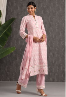Women's Pink Rayon Printed Straight Kurta Palazzo Dupatta Set