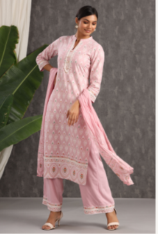 Women's Pink Rayon Printed Straight Kurta Palazzo Dupatta Set
