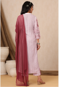 Women's Purple Rayon Printed Straight Kurta Palazzo Dupatta Set