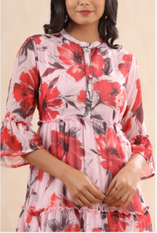 Women's Pink Chiffon Printed Tiered Dress