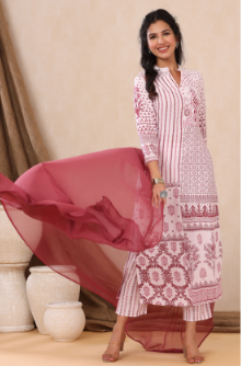 Women's Purple Rayon Printed Straight Kurta Palazzo Dupatta Set