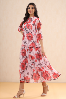 Women's Pink Chiffon Printed Tiered Dress