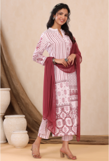 Women's Purple Rayon Printed Straight Kurta Palazzo Dupatta Set