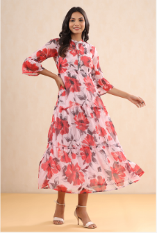 Women's Pink Chiffon Printed Tiered Dress