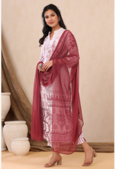 Women's Purple Rayon Printed Straight Kurta Palazzo Dupatta Set