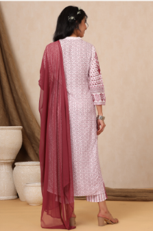 Women's Purple Rayon Printed Straight Kurta Palazzo Dupatta Set