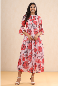 Women's Pink Chiffon Printed Tiered Dress