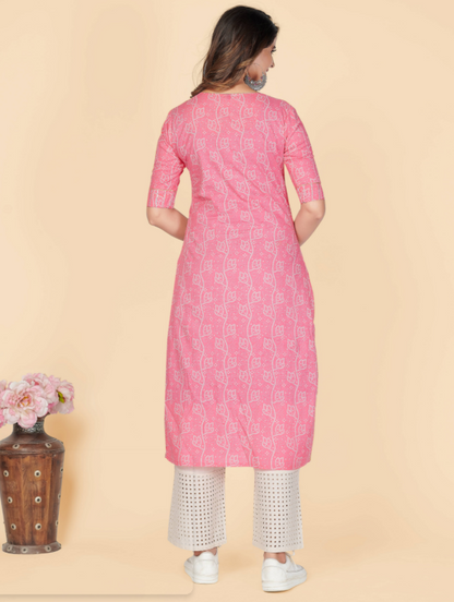 Women's Printed & Embroidered Straight Cotton Pink Stitched Kurta (1Pc)