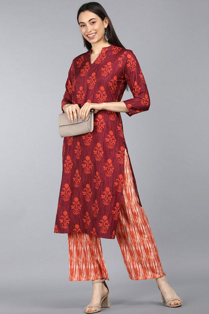 Women's Maroon Printed Regular Kurta With Palazzos