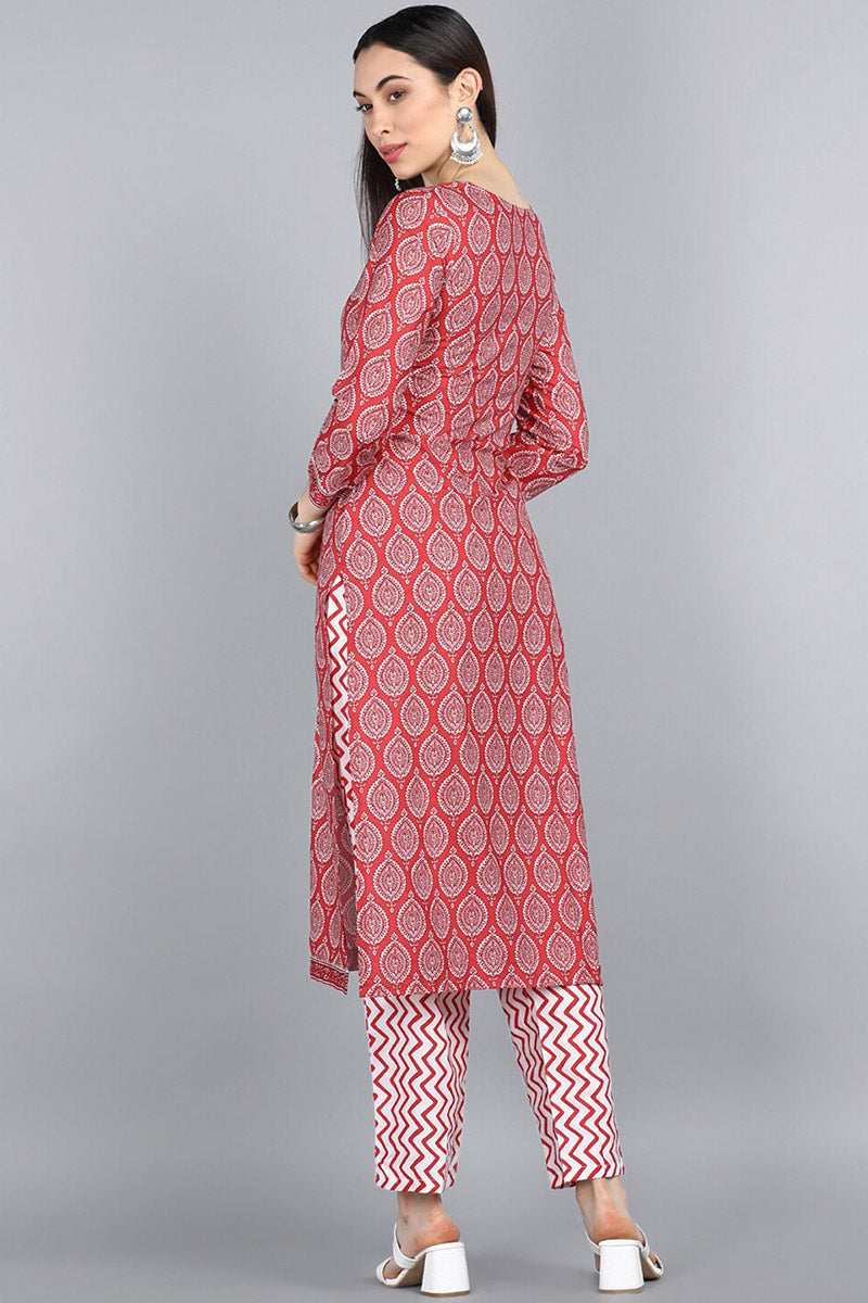 Women's Red Printed Regular Straight Kurta With Pants