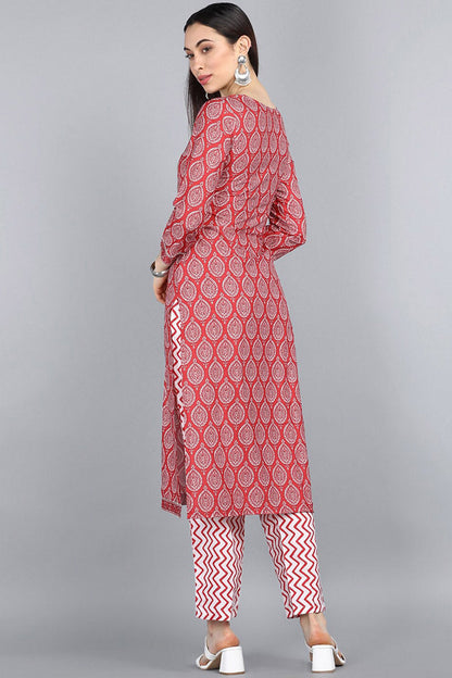 Women's Red Printed Regular Straight Kurta With Pants