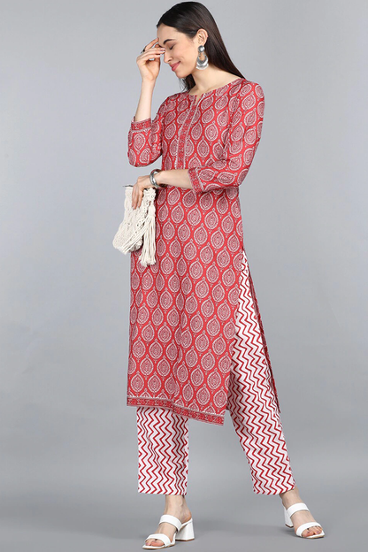 Women's Red Printed Regular Straight Kurta With Pants