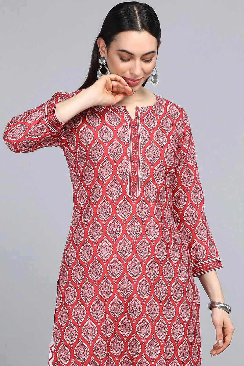 Women's Red Printed Regular Straight Kurta With Pants