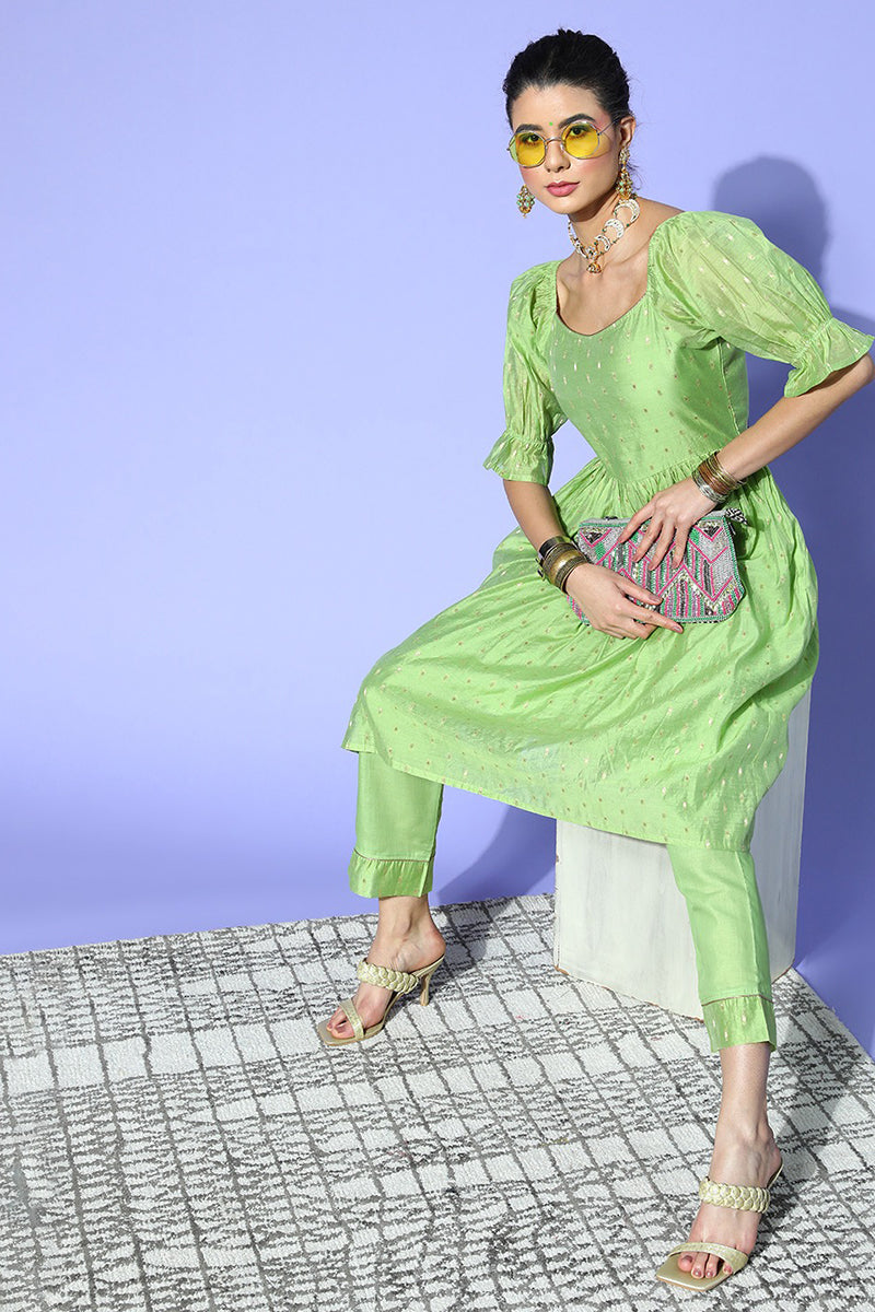 Women's Woven Design Poly Chanderi Kurta Pants Set