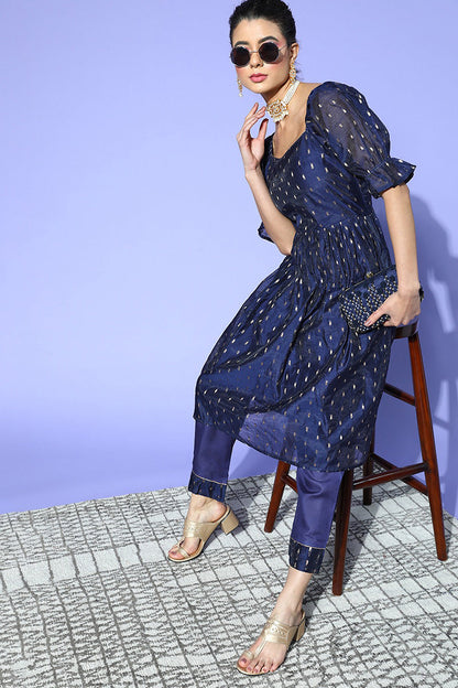 Women's Woven Design Poly Chanderi Kurta Pants Set