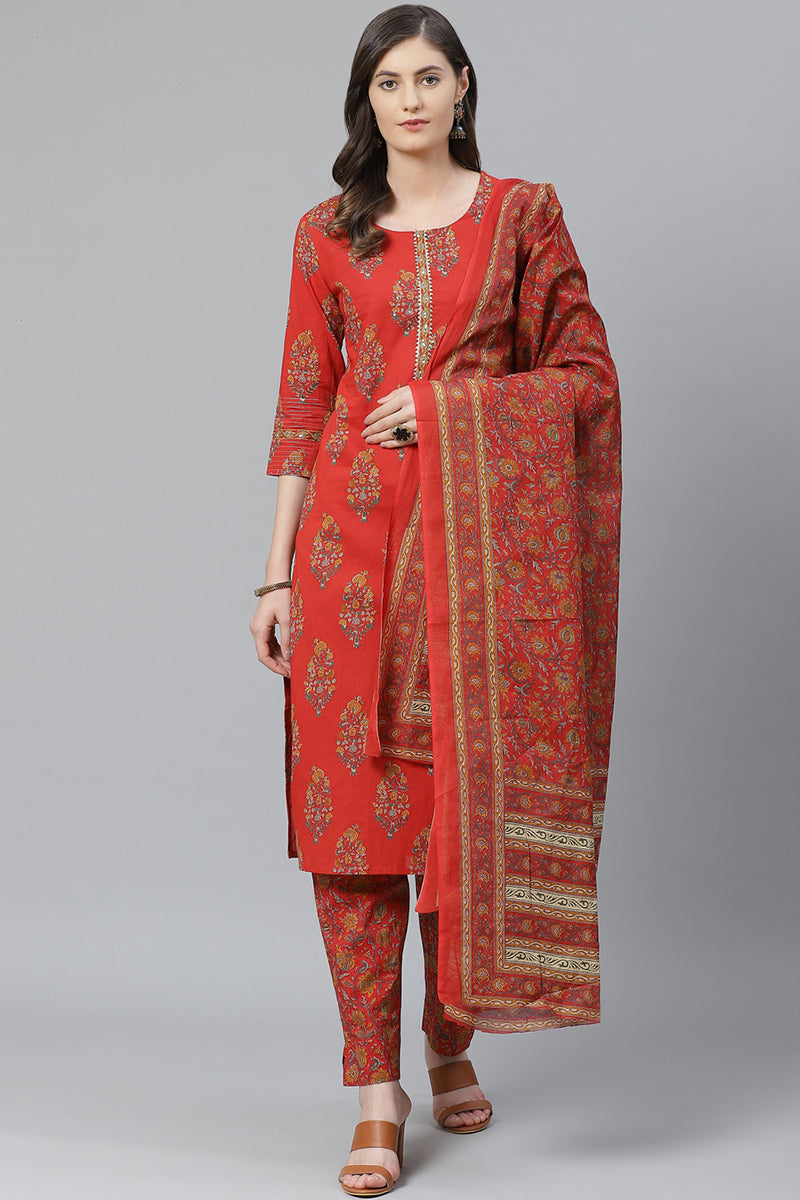 Women's Red Ethnic Motifs Printed Polytser Kurta Pant With Dupatta