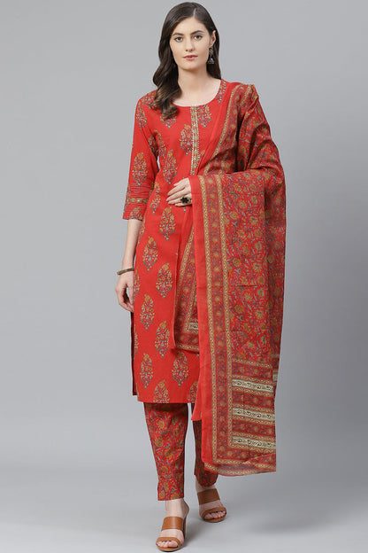 Women's Red Ethnic Motifs Printed Polytser Kurta Pant With Dupatta
