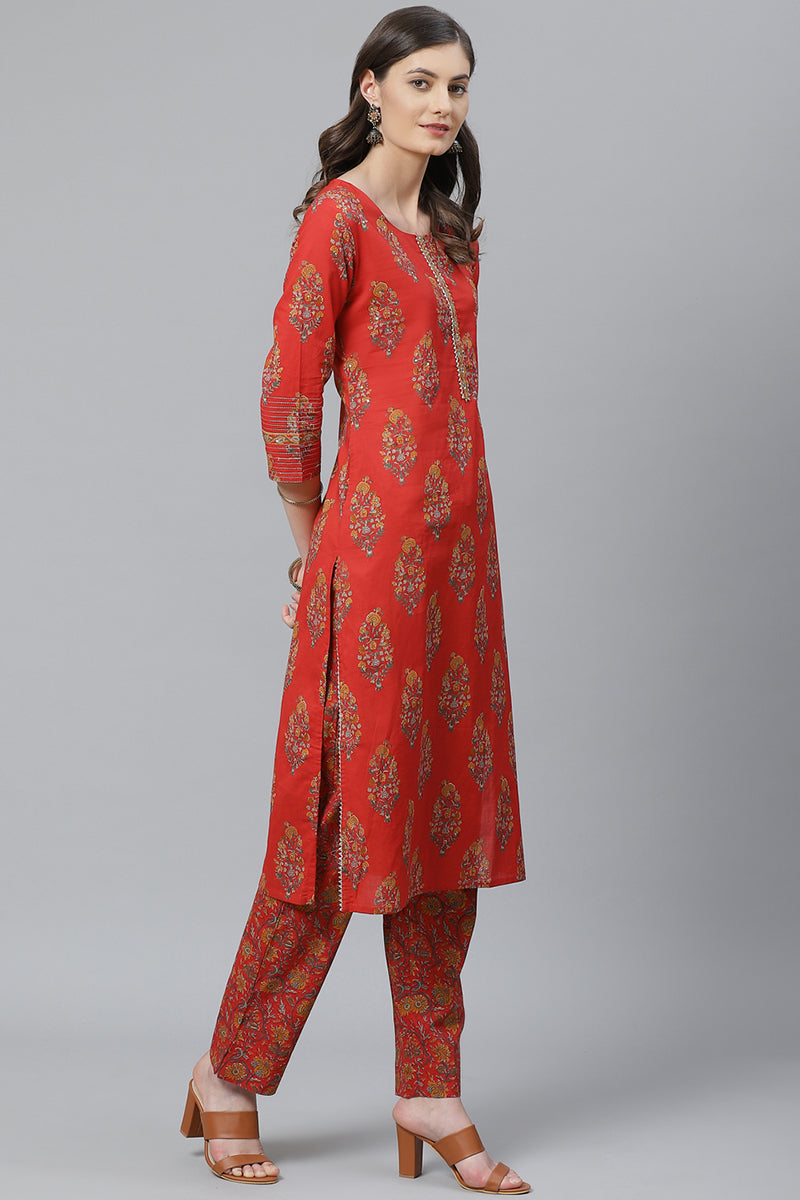 Women's Red Ethnic Motifs Printed Polytser Kurta Pant With Dupatta