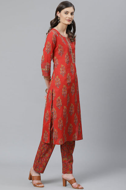 Women's Red Ethnic Motifs Printed Polytser Kurta Pant With Dupatta