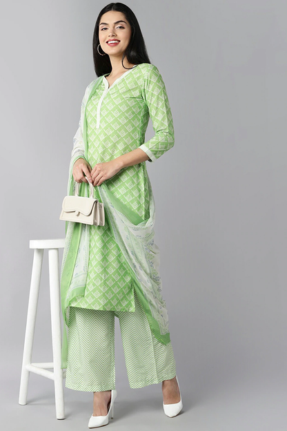 Women's Lime Green Ethnic Motifs Printed Kurta With Palazzos With Dupatta