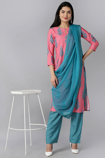 Women's Pink Blue Ethnic Motifs Printed Regular Kurta With Pants With Dupatta