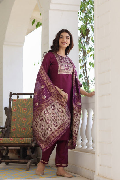Women's Poly Silk Solid Kurta Pant And Dupatta Set