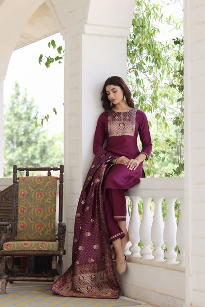 Women's Poly Silk Solid Kurta Pant And Dupatta Set