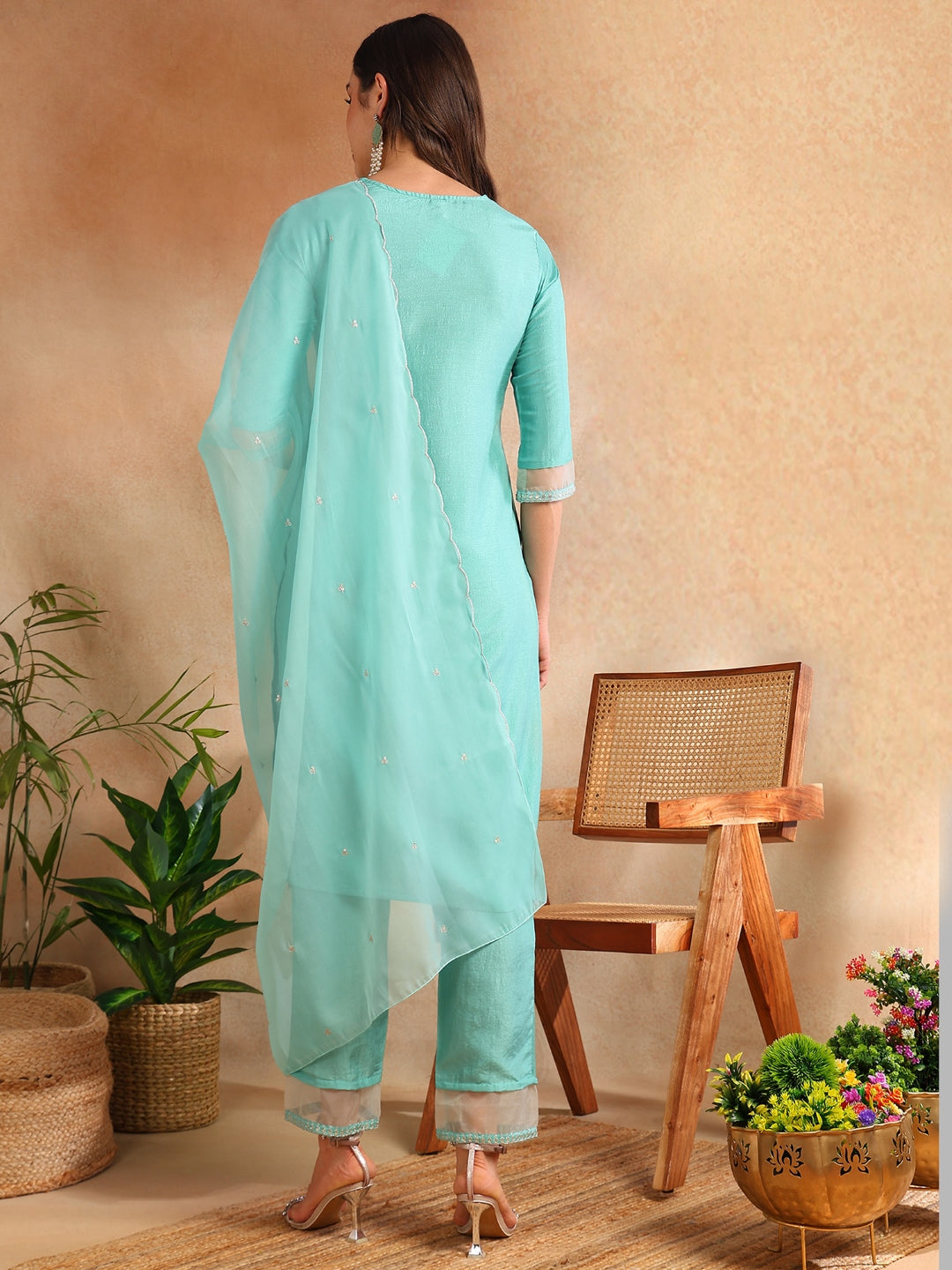 Women's Poly Silk Embroiderd Kurta Pant Dupatta Set