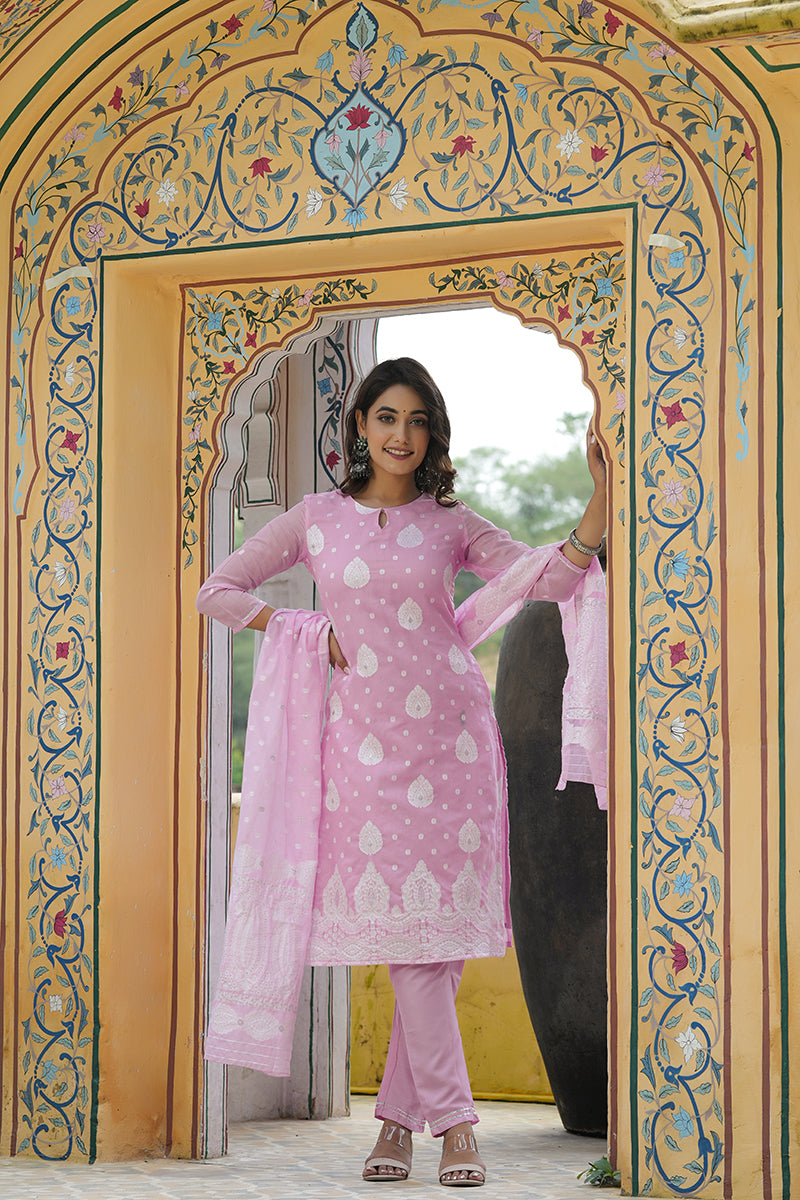 Women's Poly Chanderi Printed Kurta Pant Dupatta Set