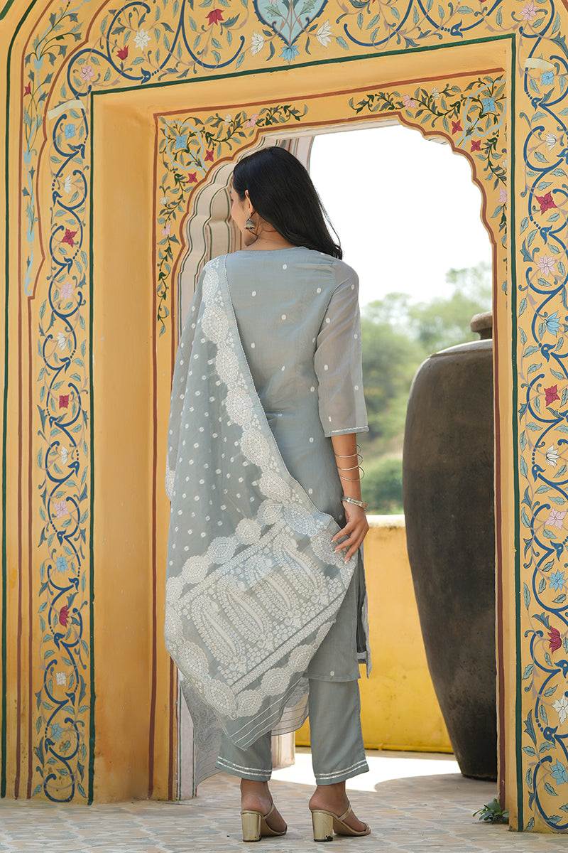Women's Poly Chanderi Printed Kurta Pant Dupatta Set