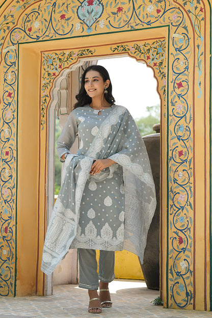 Women's Poly Chanderi Printed Kurta Pant Dupatta Set