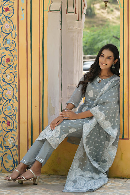 Women's Poly Chanderi Printed Kurta Pant Dupatta Set