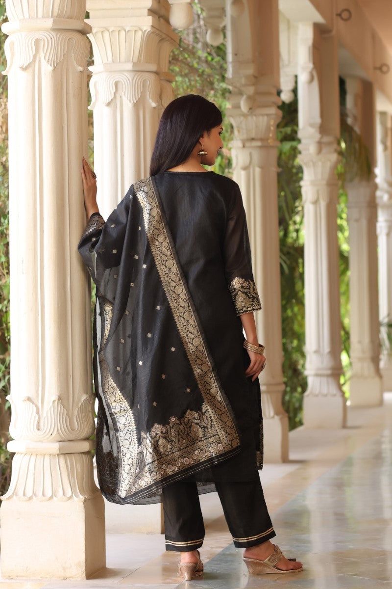 Women's Poly Chanderi Printed Kurta Pant Dupatta Set