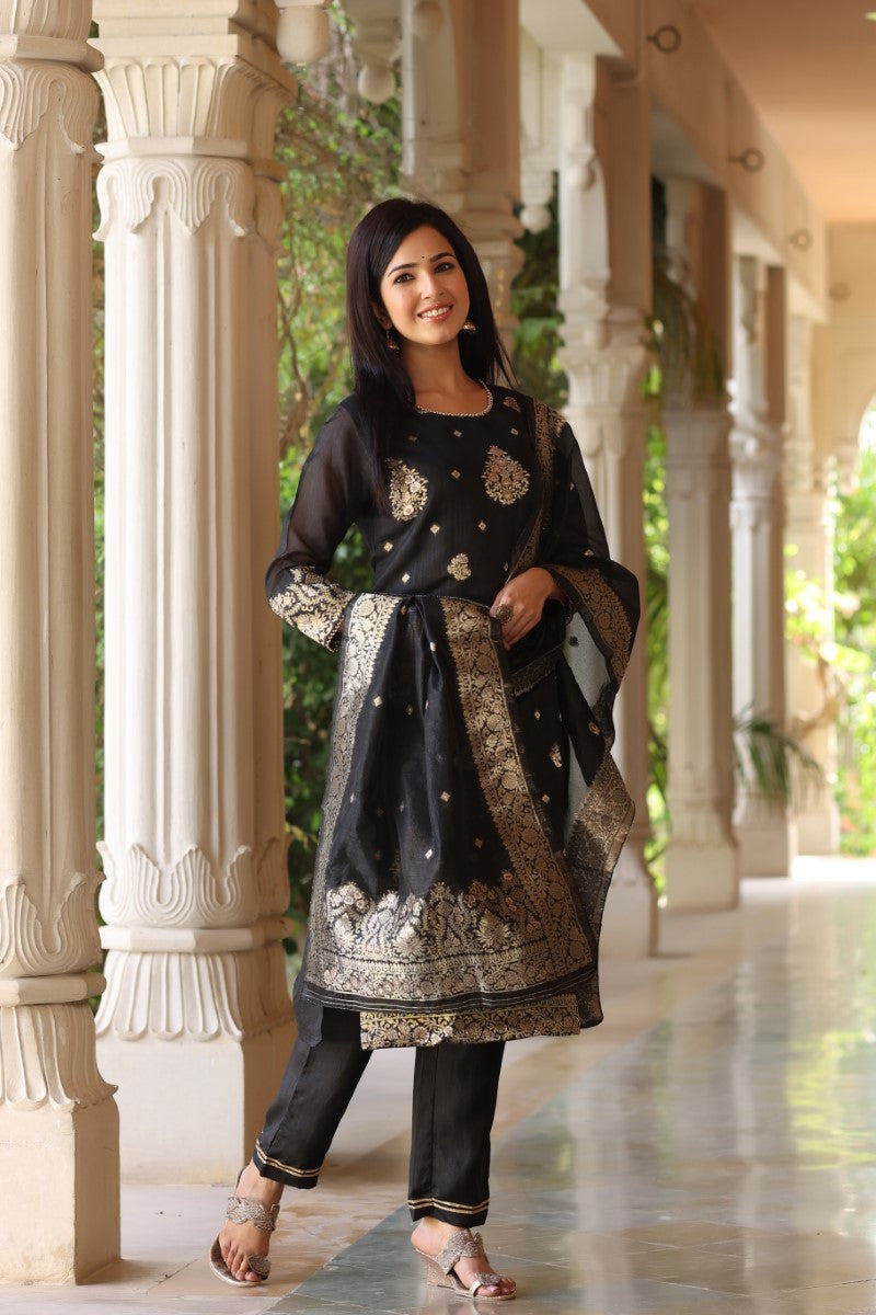 Women's Poly Chanderi Printed Kurta Pant Dupatta Set