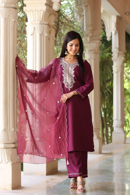 Women's Poly Silk Embroidered Kurta Pants With Dupatta Set