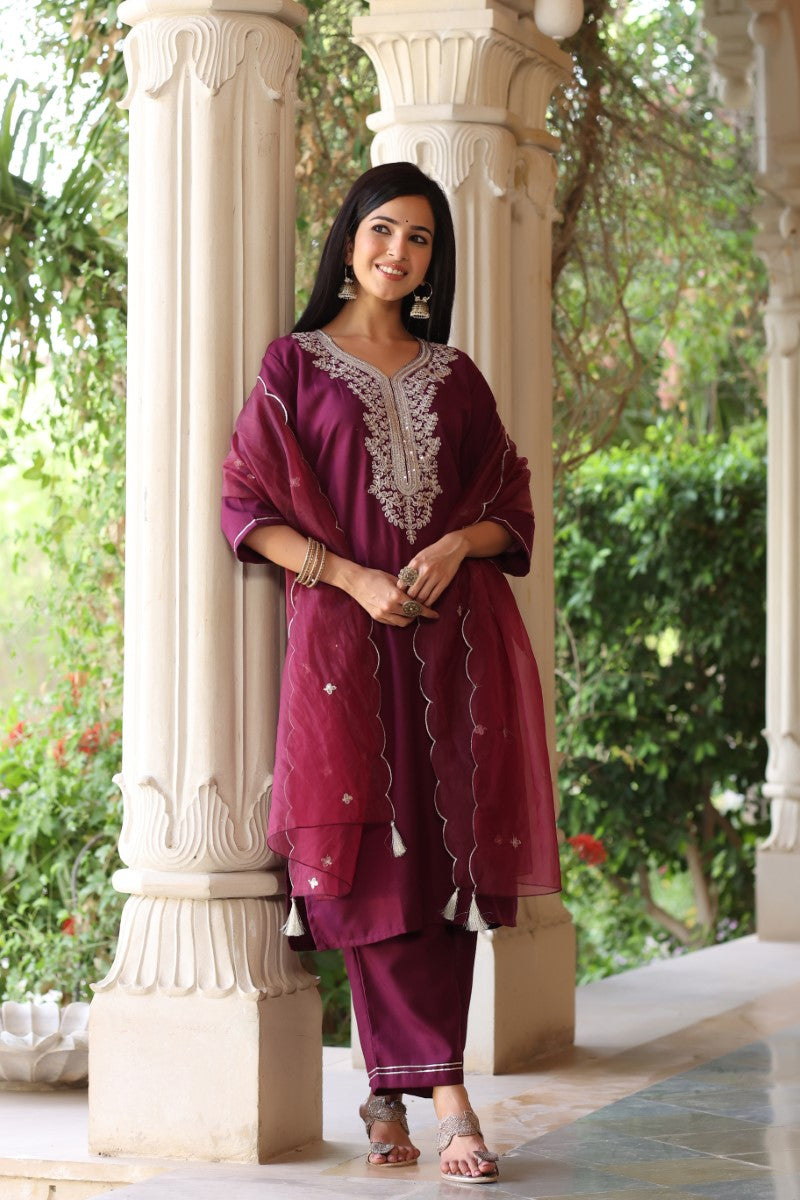 Women's Poly Silk Embroidered Kurta Pants With Dupatta Set
