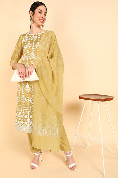 Women's Poly Silk Embroidered Kurta Pants With Dupatta Set