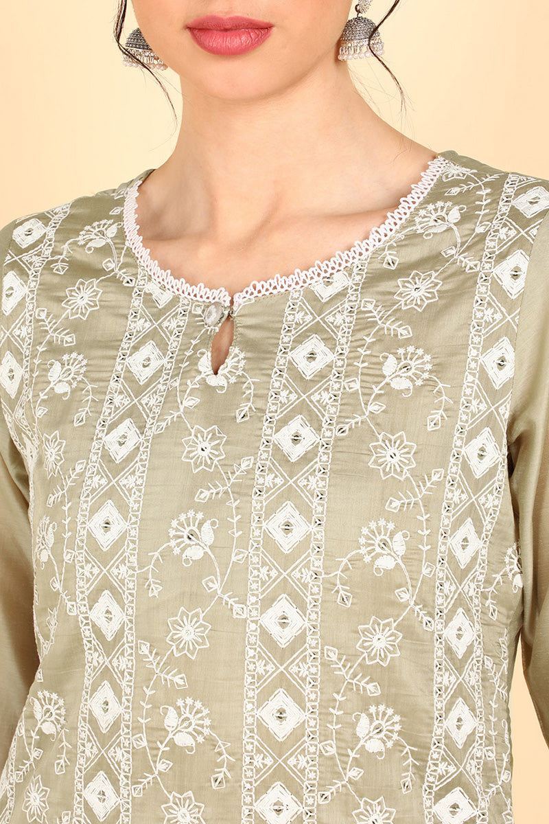 Women's Poly Silk Embroidered Kurta Pants With Dupatta Set