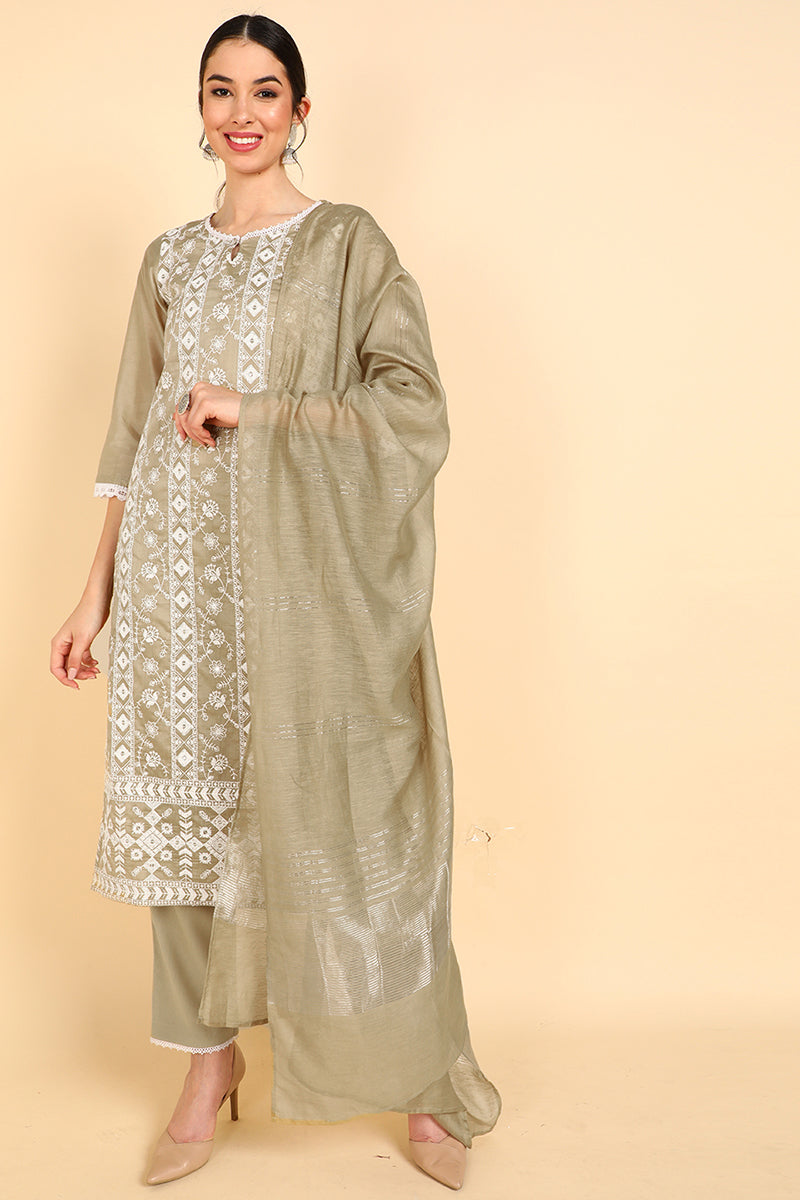 Women's Poly Silk Embroidered Kurta Pants With Dupatta Set