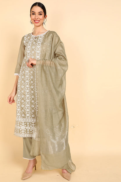 Women's Poly Silk Embroidered Kurta Pants With Dupatta Set