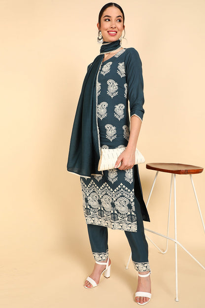 Women's Poly Silk Embroidered Kurta Pants With Dupatta Set