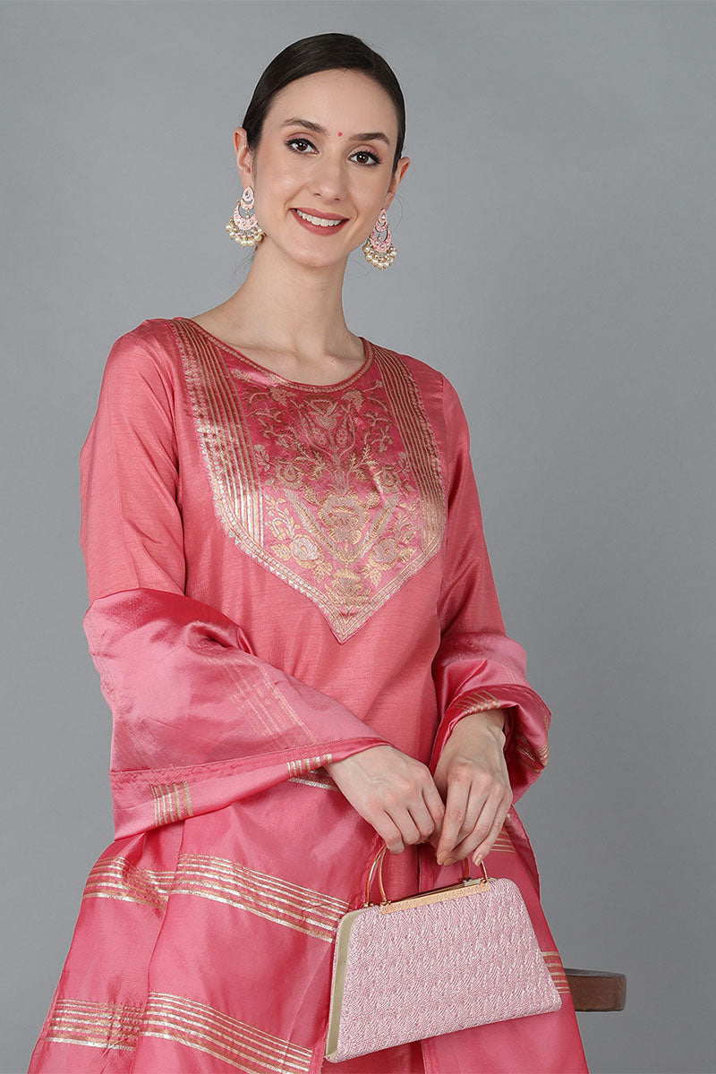 Women's Poly Silk Yoke Design Kurta Pants With Dupatta