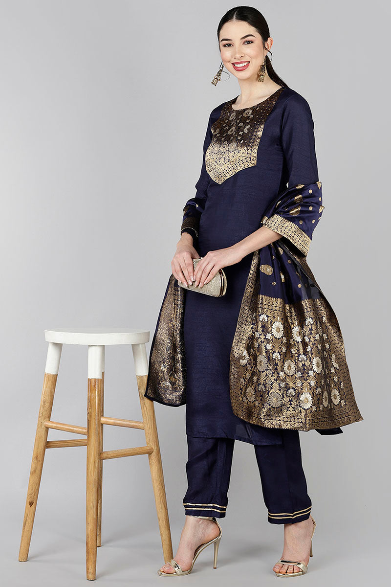 Women's Poly Silk Yoke Design Kurta Pants Dupatta Set