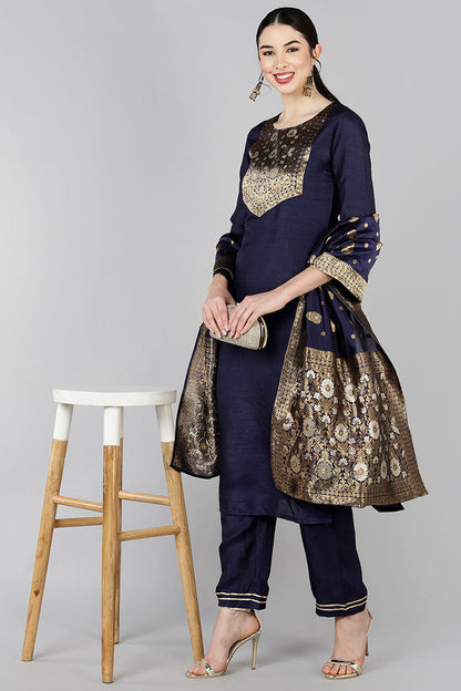 Women's Poly Silk Yoke Design Kurta Pants Dupatta Set