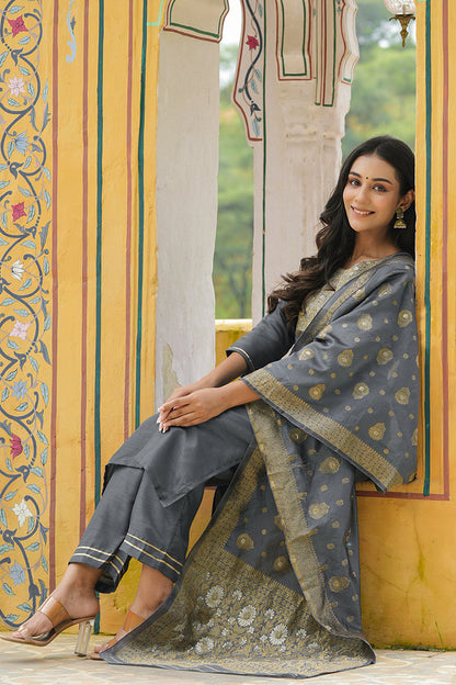 Women's Poly Silk Yoke Design Kurta Pants Dupatta Set