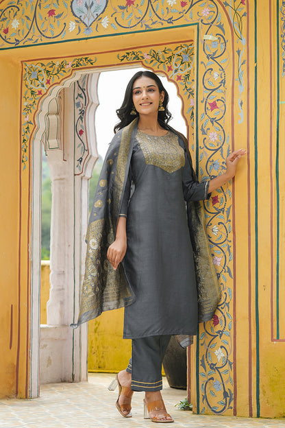 Women's Poly Silk Yoke Design Kurta Pants Dupatta Set
