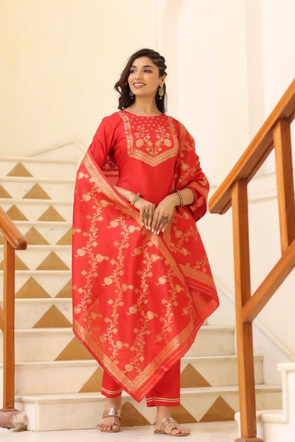Women's Poly Silk Yoke Design Kurta Pants Dupatta Set