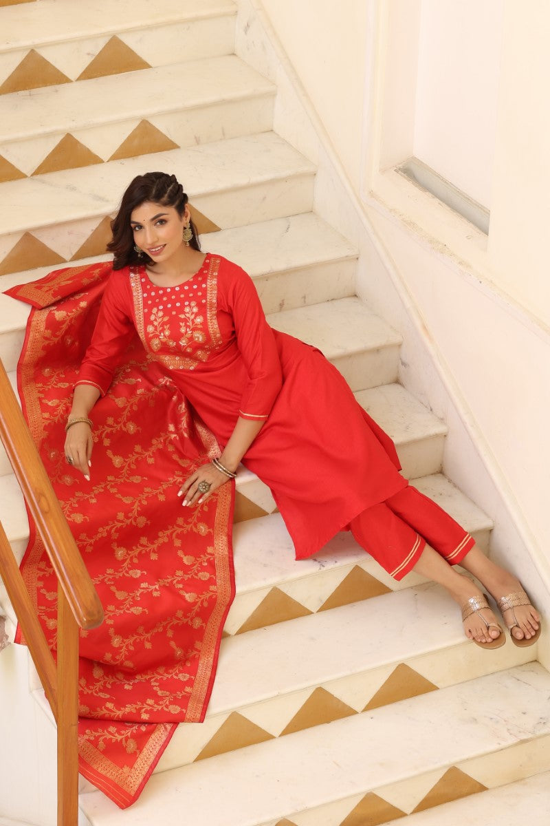Women's Poly Silk Yoke Design Kurta Pants Dupatta Set