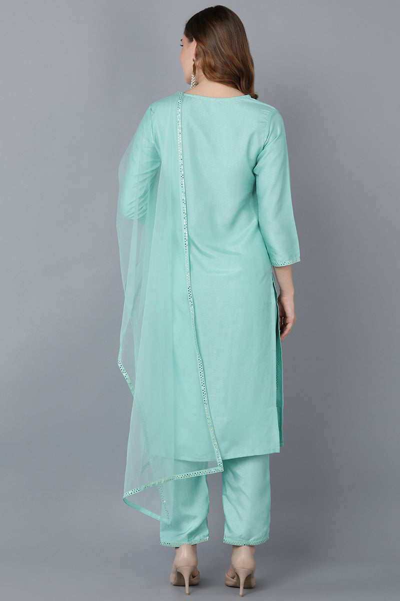Women's Poly Silk Solid Kurta Pants Dupatta Set