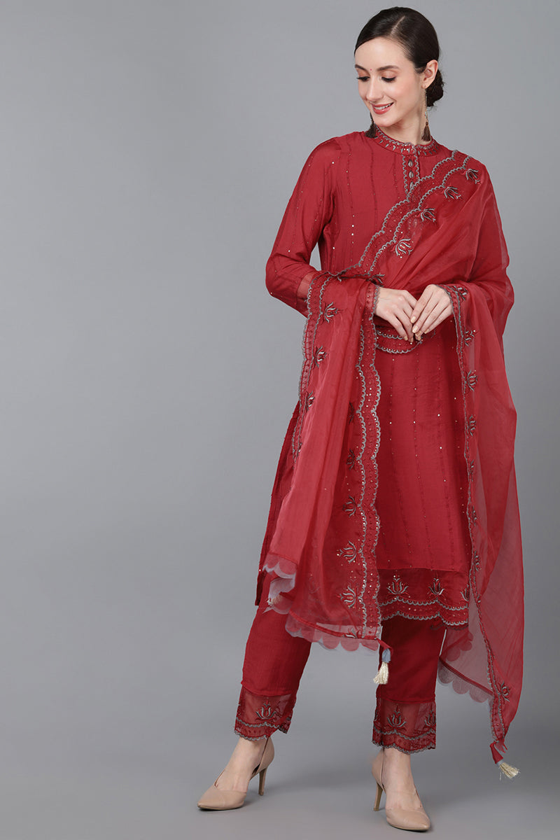 Women's Poly Silk Solid Embroidered Kurta Pants With Dupatta Set